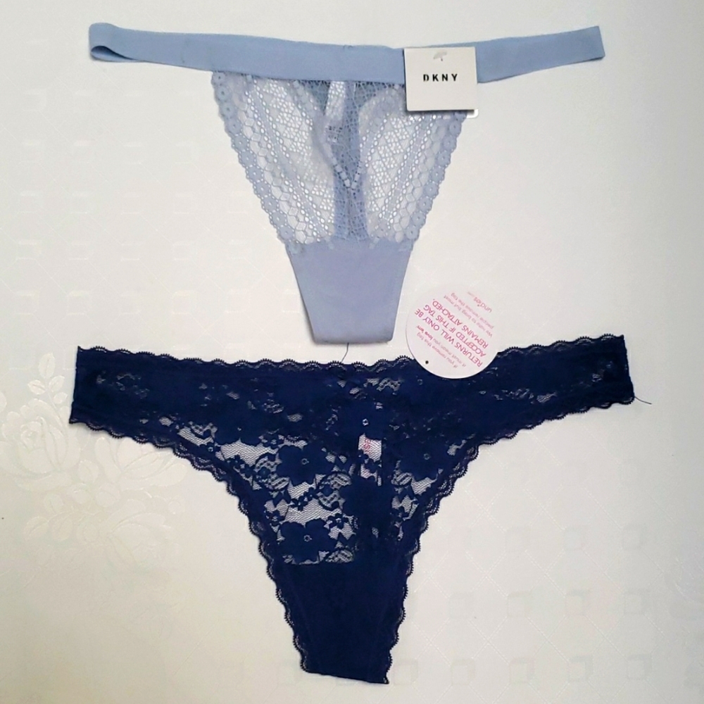 New 2 Panties DKNY Lace Trim Thong + Undies NYC Thong Size L